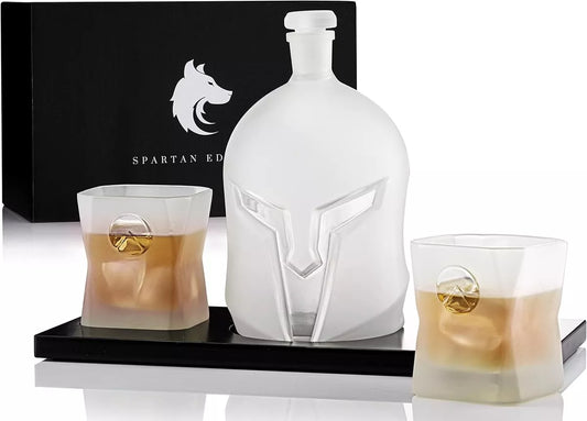 Wolf Spartan Edition Helmet Whiskey Decanter, Glasses & Display Board NEW Boxed